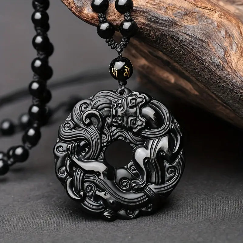 Natural Obsidian Dragon Pendant Men's Retro Dragon Pixiu Necklace Pendant Pixiu Peace Buckle Amulet Necklace Pendant*2