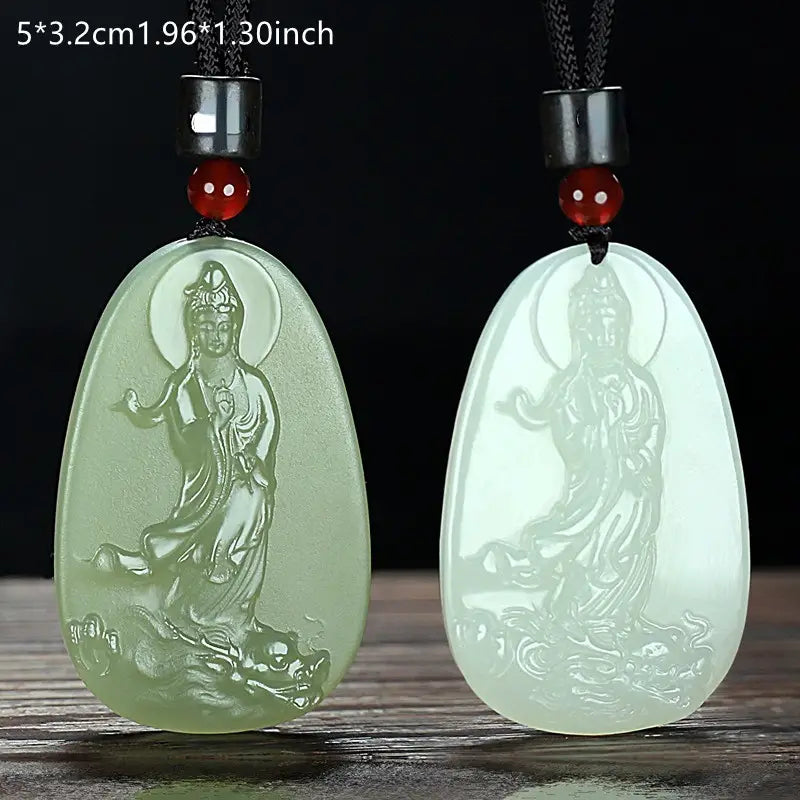 Natural Green Jade Pendant Necklace, Guanyin Bodhisattva Jade Necklace For Men