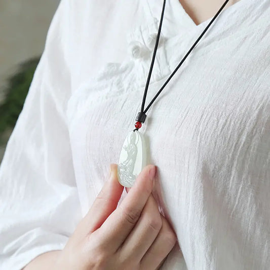Natural Green Jade Pendant Necklace, Guanyin Bodhisattva Jade Necklace For Men