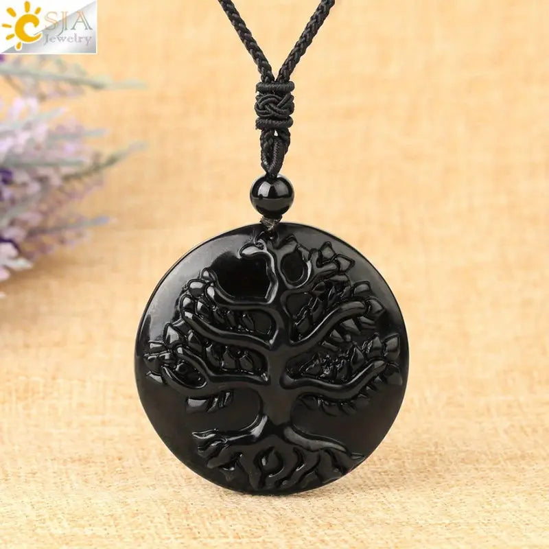 Natural Frosted Tree of Life Pendant Necklace Obsidian Tree of Life Amulet Necklace - Guardian of Health