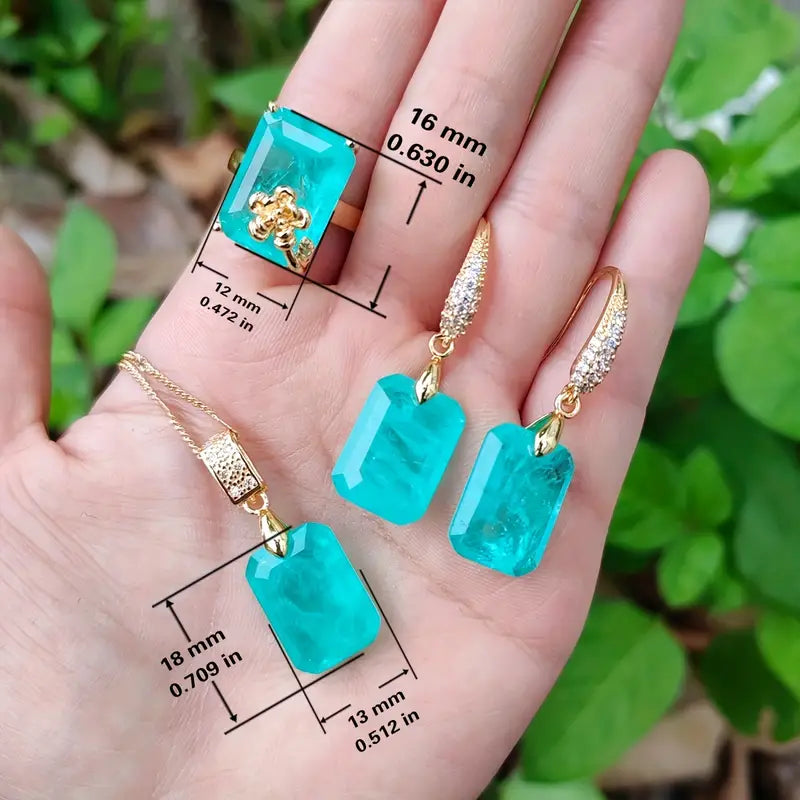 Natural Crystal Jewelry Set, Ring Necklace Earrings, Square Crystal 4 Piece Set - Attract Luck