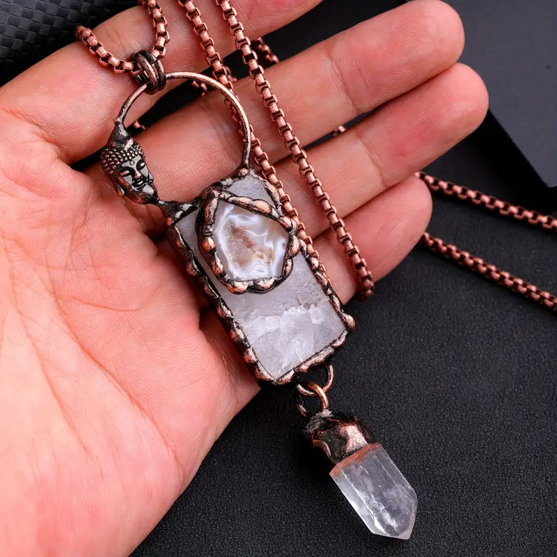 Natural irregular agate, white crystal pendant, quartz jewelry gift, with original chain