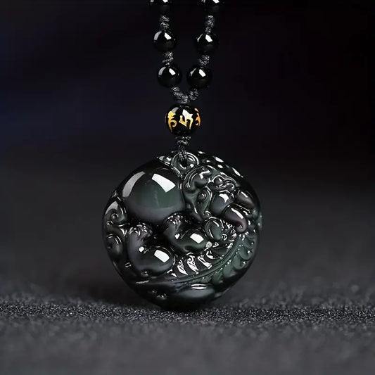 Natural Obsidian Pendant Rainbow Eye Pixiu Necklace Pendant Lucky Amulet Protection Jade Pendant Men's Pendant*2