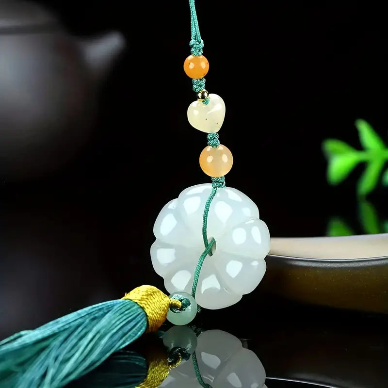 Natural Jade Car Interior Decoration Pendant, Ethnic Style Golden Jade Peace Ring Car Pendant - Attracting Peace