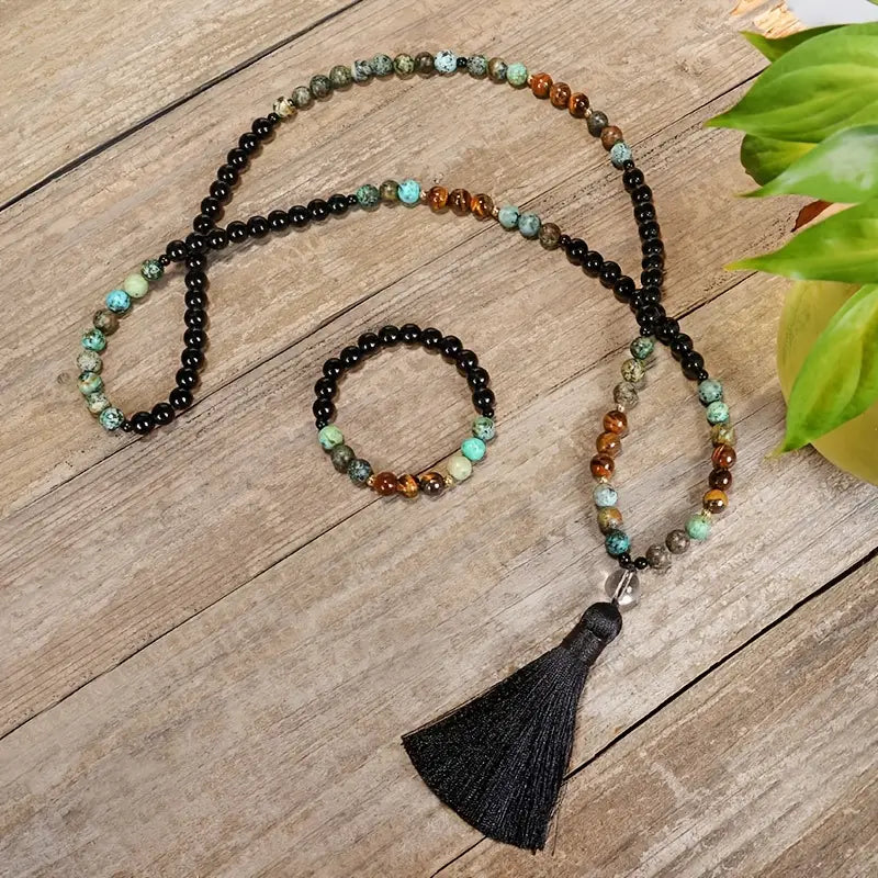 Pine Black Onyx Tiger Eye Stone Bohemian Healing Bracelet and 108 Beads Necklace, Fashionable Temperament Unisex Birthday Gift Holiday Gift Blessing Gift