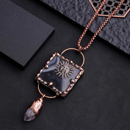 Black Onyx Sun God Irregular Amethyst Stone Necklace Pendant, Spirit Stone Gemstone Quartz Jewelry
