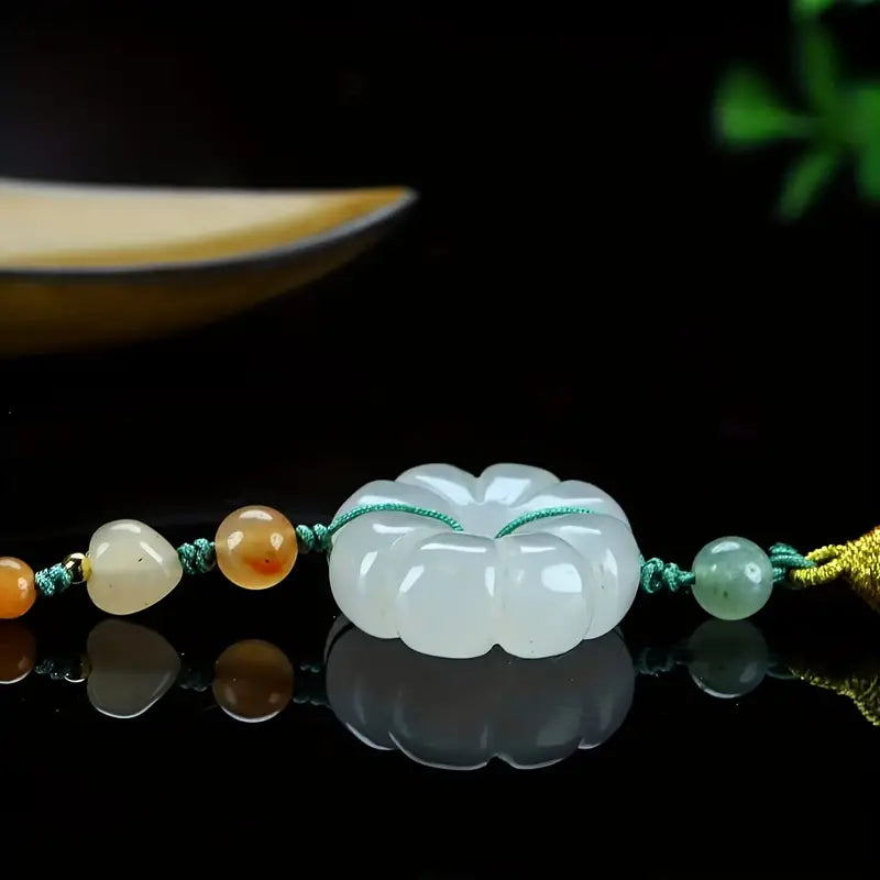 Natural Jade Car Interior Decoration Pendant, Ethnic Style Golden Jade Peace Ring Car Pendant - Attracting Peace