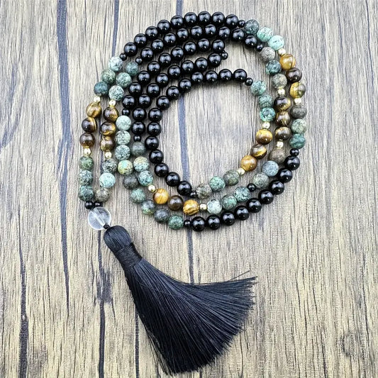 Pine Black Onyx Tiger Eye Stone Bohemian Healing Bracelet and 108 Beads Necklace, Fashionable Temperament Unisex Birthday Gift Holiday Gift Blessing Gift
