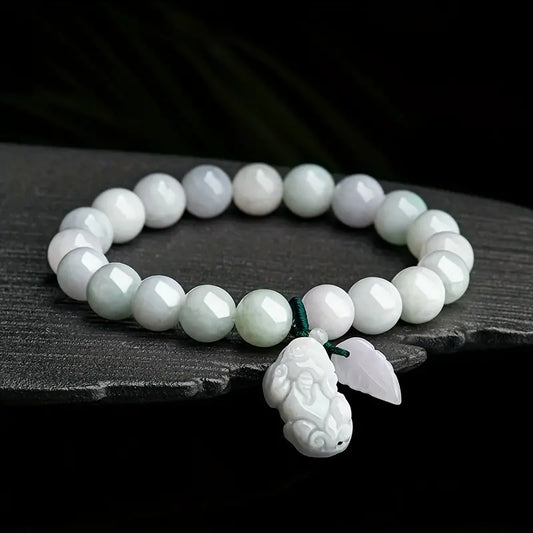 Natural Burmese Jade Pixiu Pendant Ice Jade White Beaded Women's Bracelet