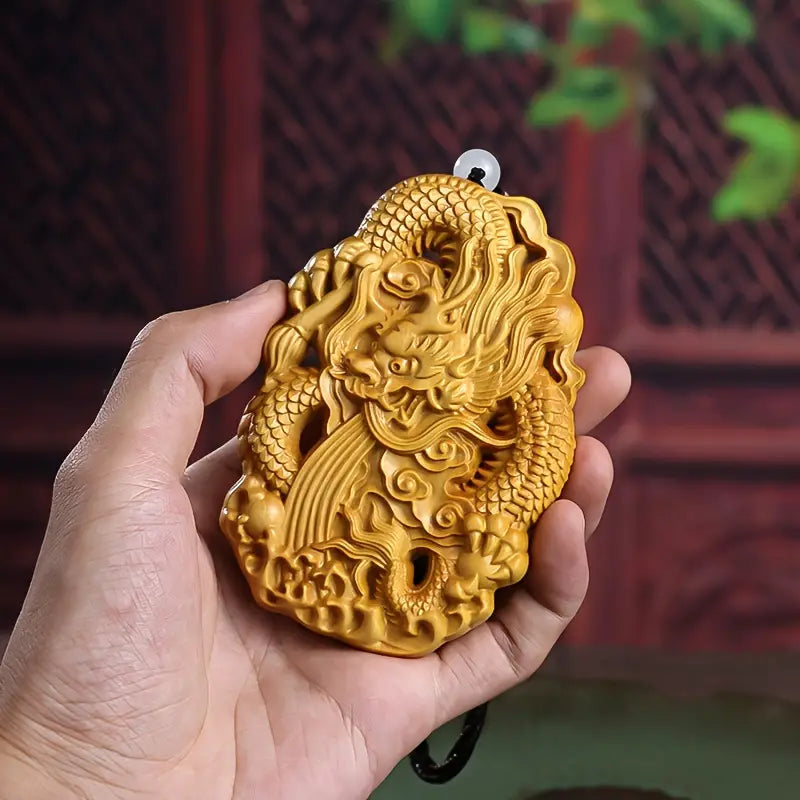 Boxwood Carving Dragon Ornament, Zodiac Dragon Wood Handle Home Gift Decoration, Crafts Art Ornaments, Wooden Desktop Ornament For Office And Home