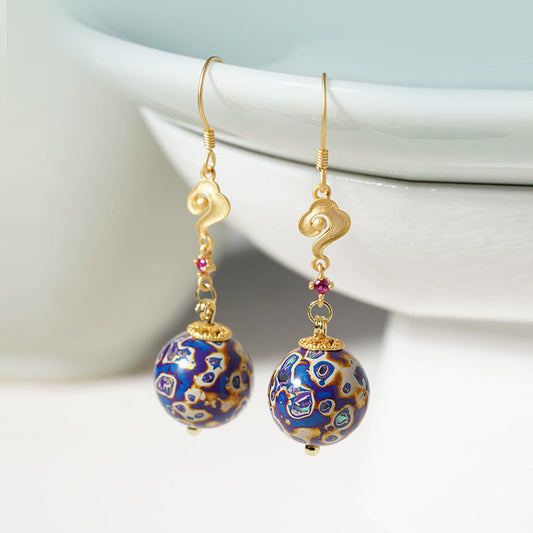 Large lacquer bead earrings national style classical temperament women's earrings national style color inlaid mother-of-pearl shell earrings earrings