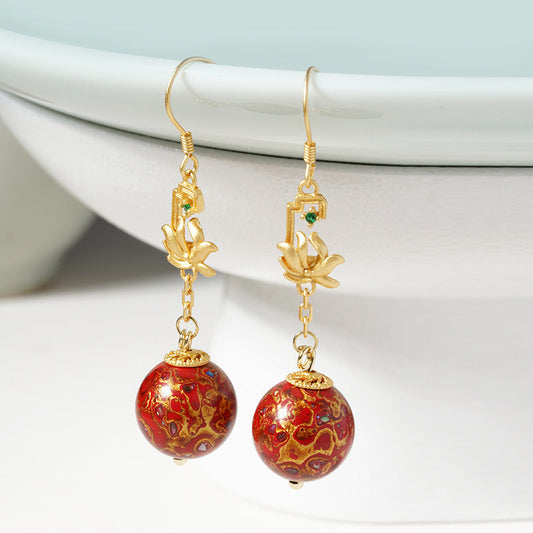 Lacquer craft of large lacquer bead earrings national style women's earrings China red accessories inlaid with mother-of-pearl earrings.